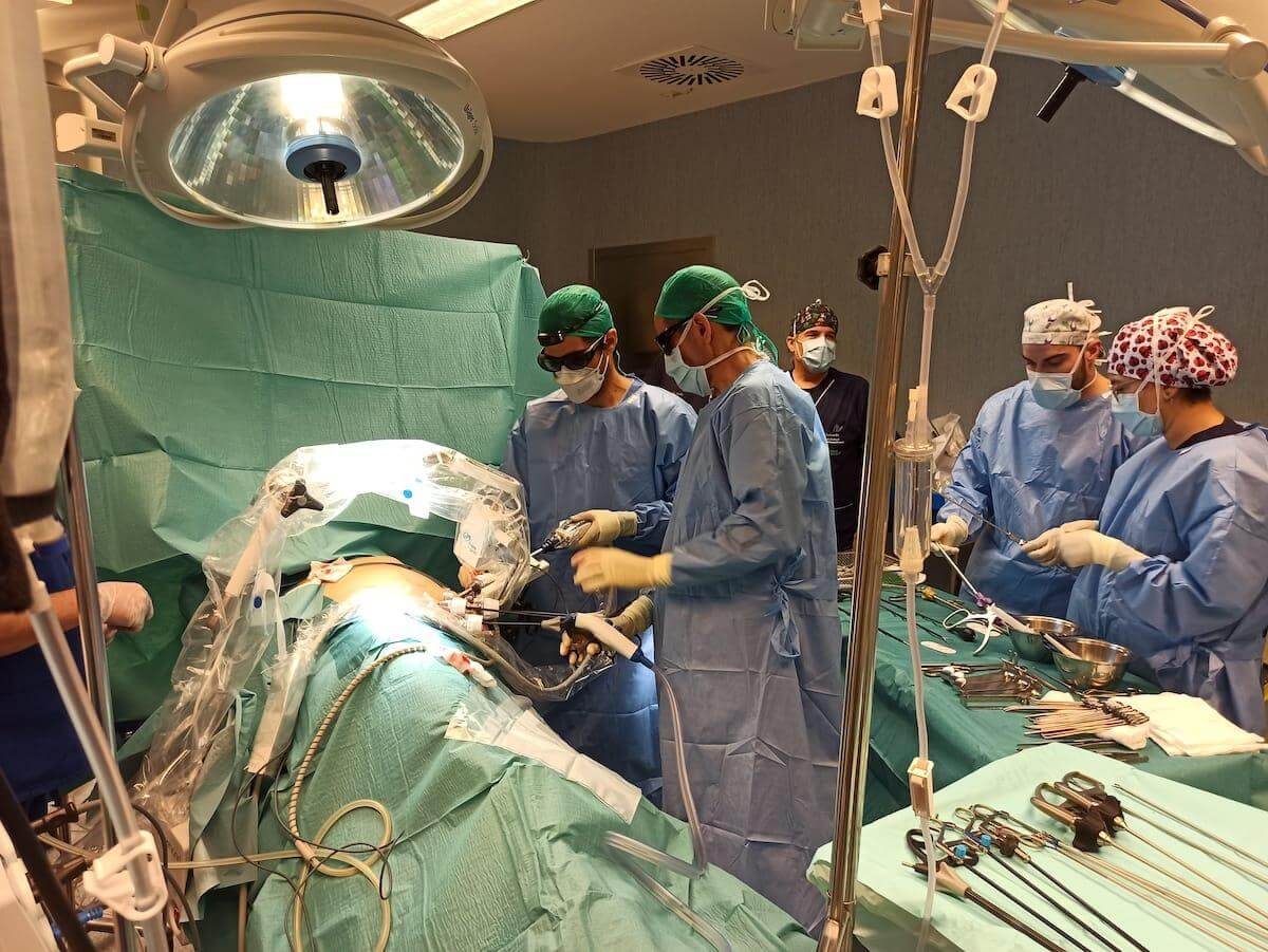 Surgeon and surgical team performing robot assisted laparoscopic surgery in the Canary Islands
