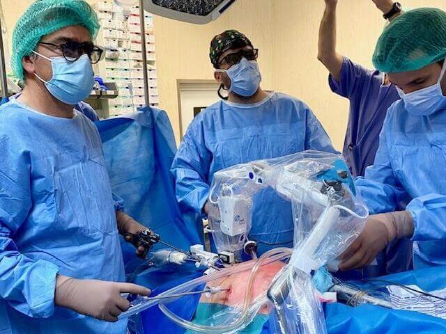 Surgeon and surgical team performing robot assisted laparoscopic surgery in Portugal