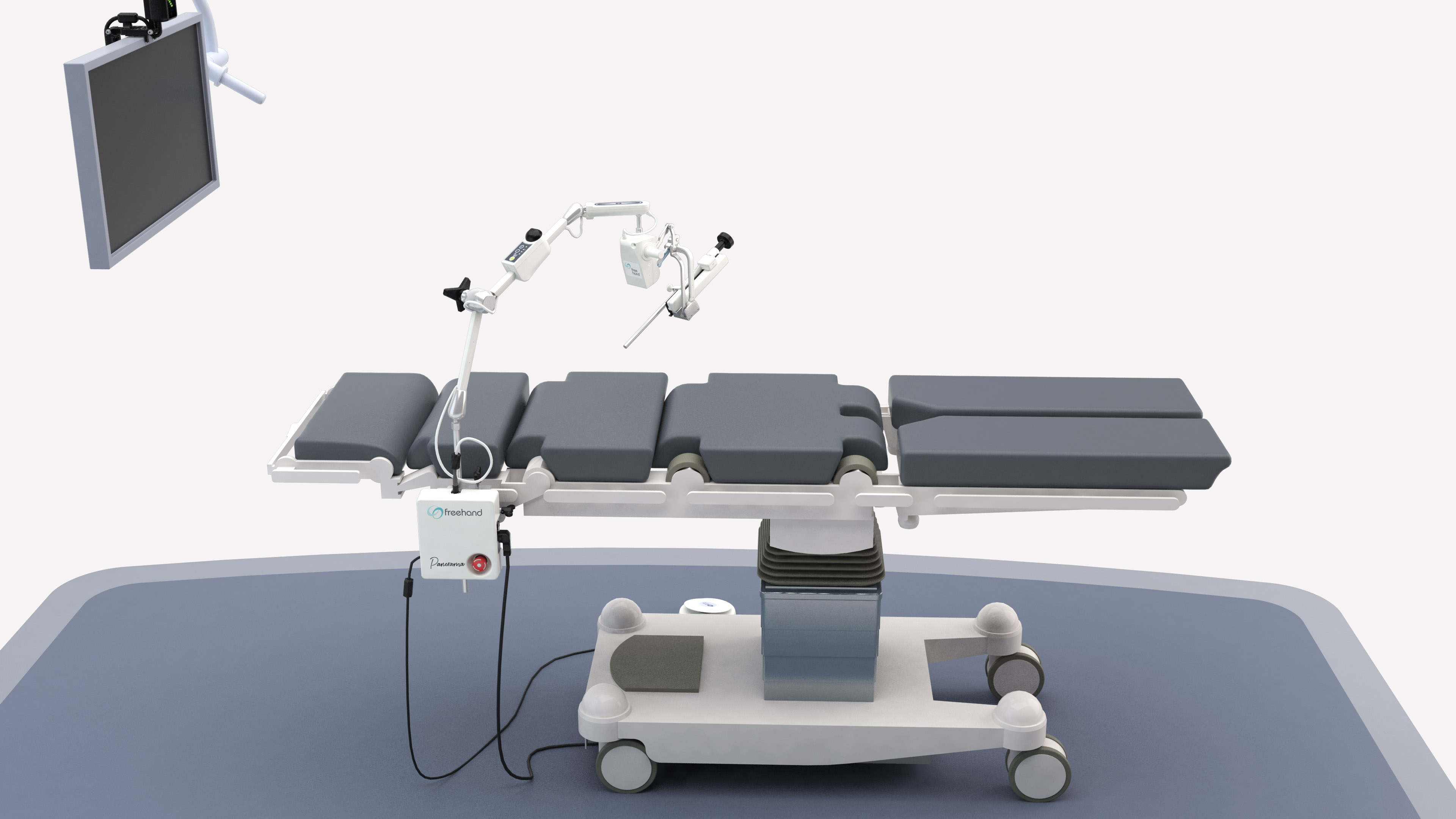 FreeHand Panorama set up in operating room attached to operating table