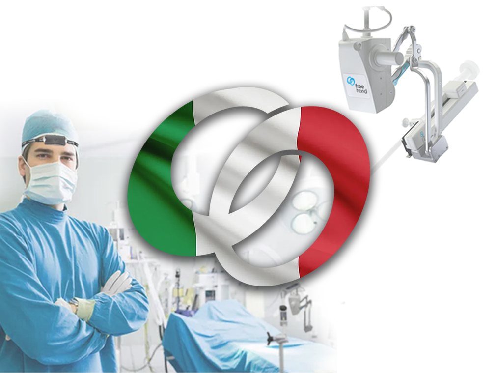 Surgeon with laparoscopic robot in operating room with Logo in Italian flag colours