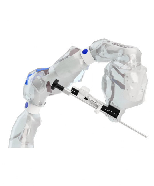 surgical robot arm with sterile sleeve holding laparoscope